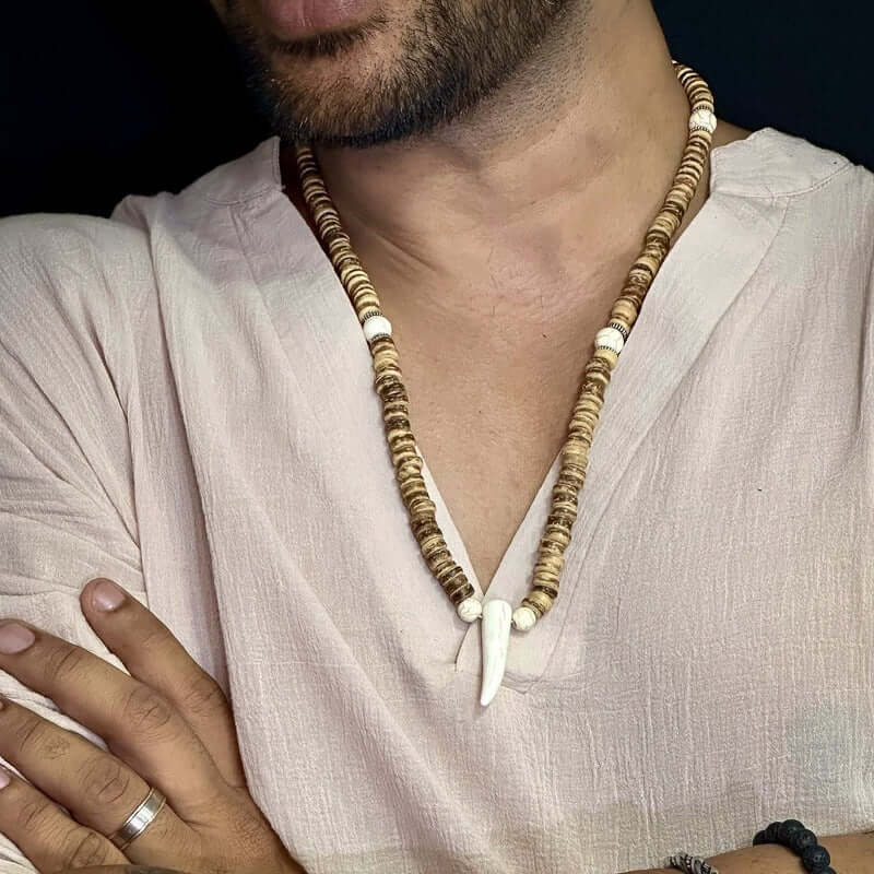 THE MEN THING Pearl / Bead Necklace TRIBAL COCONUT WHITE HORN - Beaded Necklace with stone beads Horn Tooth Pendants for Mens & Boys (24 inch)