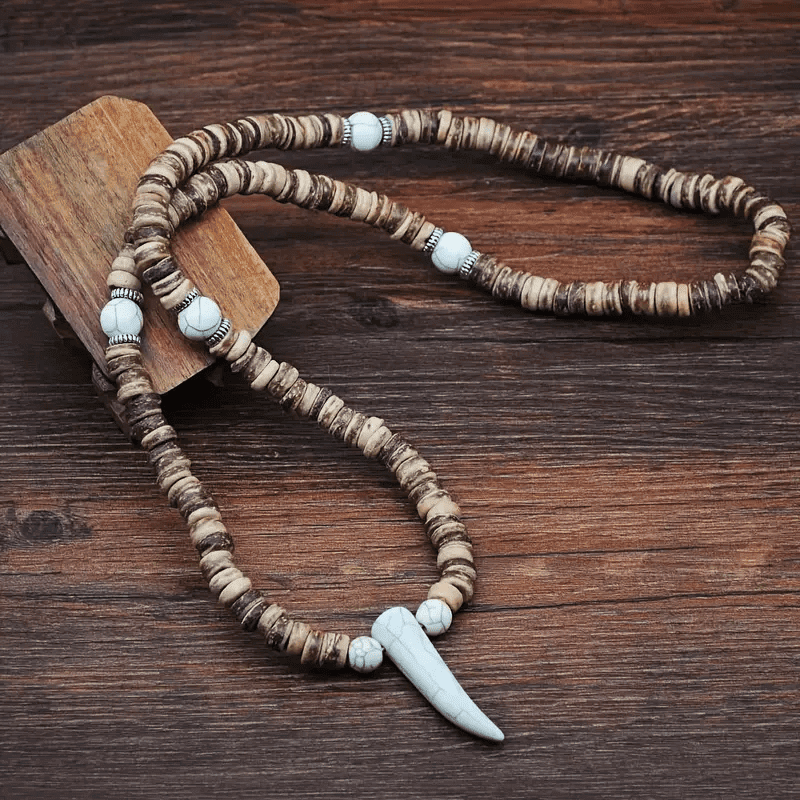 THE MEN THING Pearl / Bead Necklace TRIBAL COCONUT WHITE HORN - Beaded Necklace with stone beads Horn Tooth Pendants for Mens & Boys (24 inch)