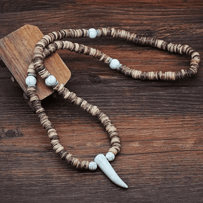 THE MEN THING Pearl / Bead Necklace TRIBAL COCONUT WHITE HORN - Beaded Necklace with stone beads Horn Tooth Pendants for Mens & Boys (24 inch)
