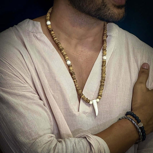 THE MEN THING Pearl / Bead Necklace TRIBAL COCONUT WHITE HORN - Beaded Necklace with stone beads Horn Tooth Pendants for Mens & Boys (24 inch)