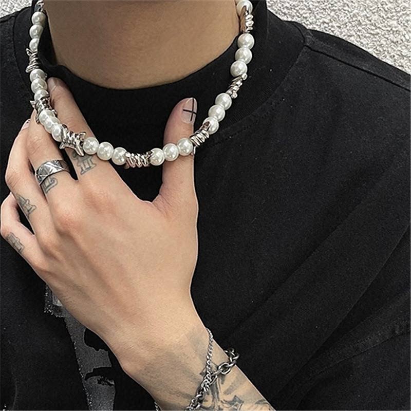 THE MEN THING Pearl / Bead Necklace TWISTED KNOT - Italian Styled Pearl with Twist Metal Knot Choker Necklaces for men and boys (20 Inch)