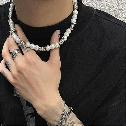 THE MEN THING Pearl / Bead Necklace TWISTED KNOT - Italian Styled Pearl with Twist Metal Knot Choker Necklaces for men and boys (20 Inch)