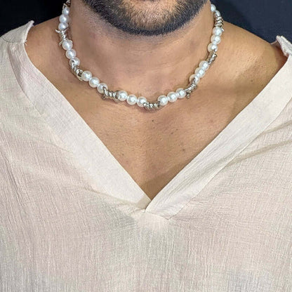 THE MEN THING Pearl / Bead Necklace TWISTED KNOT - Italian Styled Pearl with Twist Metal Knot Choker Necklaces for men and boys (20 Inch)
