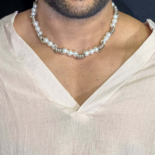 THE MEN THING Pearl / Bead Necklace TWISTED KNOT - Italian Styled Pearl with Twist Metal Knot Choker Necklaces for men and boys (20 Inch)