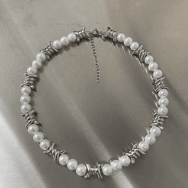 THE MEN THING Pearl / Bead Necklace TWISTED KNOT - Italian Styled Pearl with Twist Metal Knot Choker Necklaces for men and boys (20 Inch)