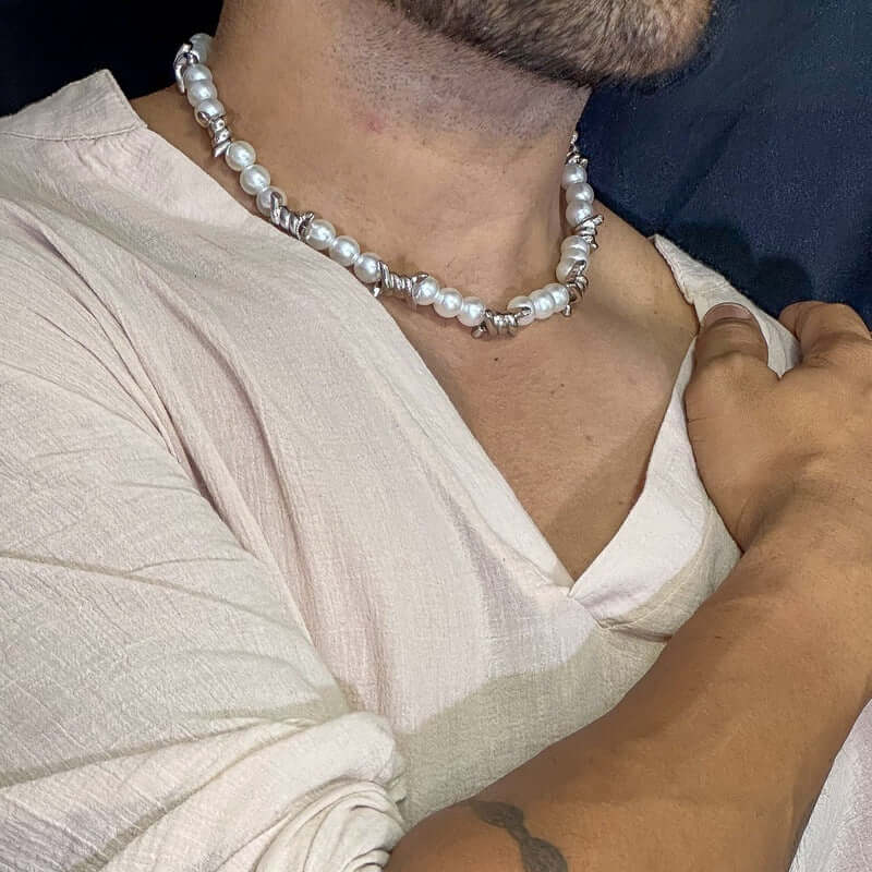 THE MEN THING Pearl / Bead Necklace TWISTED KNOT - Italian Styled Pearl with Twist Metal Knot Choker Necklaces for men and boys (20 Inch)