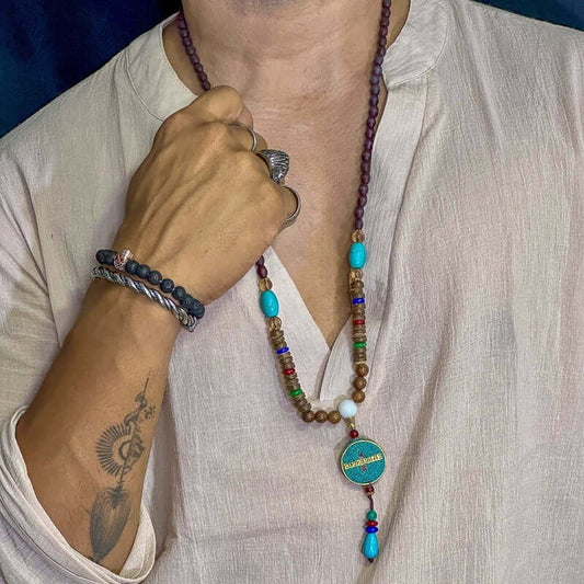 THE MEN THING Pearl / Bead Necklace VERDANT - Stylish Wood Bead Long Necklace with Blue Pendant for Men & Boys  (36 Inch)