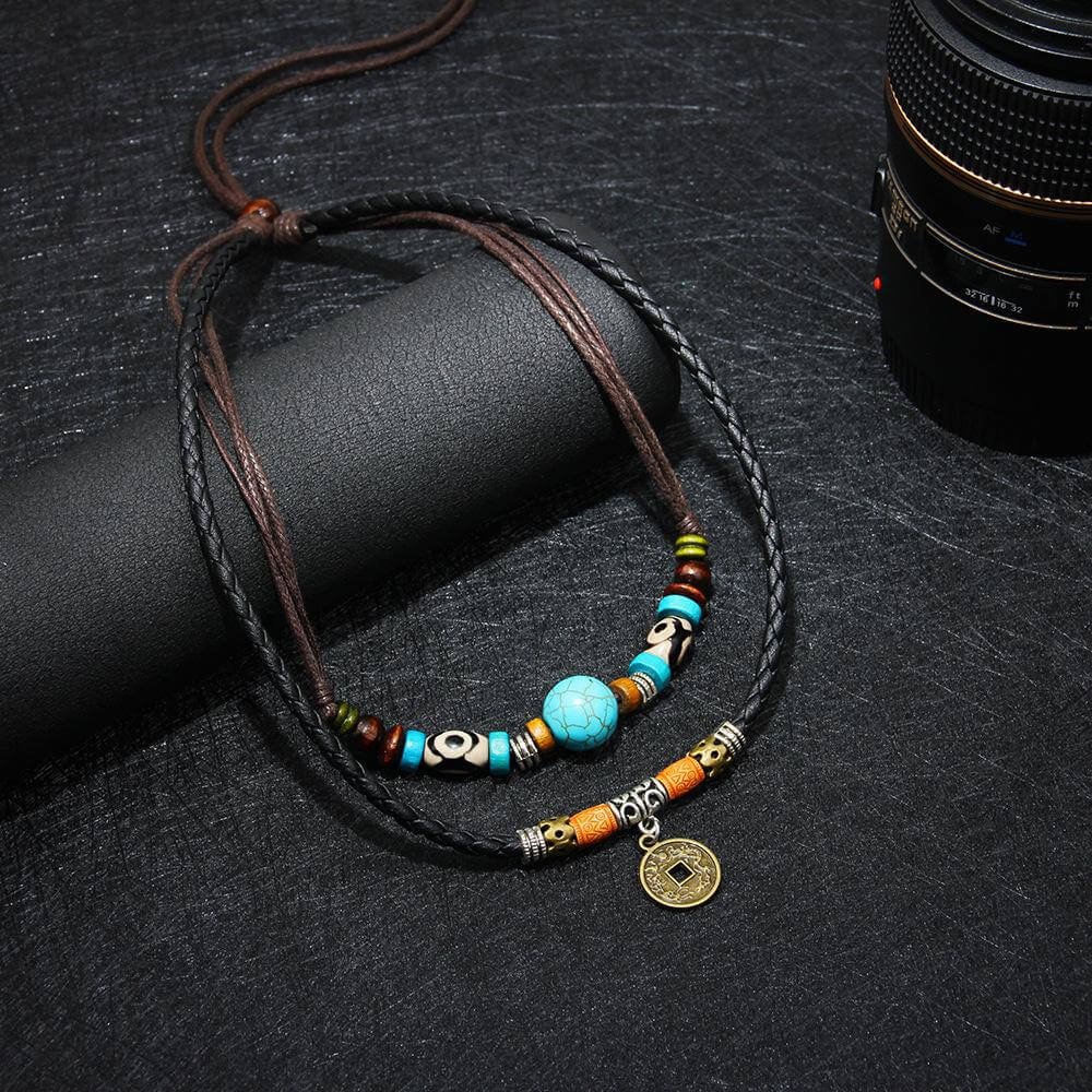 THE MEN THING Pearl / Bead Necklace VINTAGE RETRO COIN -  Two-Layered Necklace With Wax Rope And Faux Adjustable Necklace For Men And Boys.