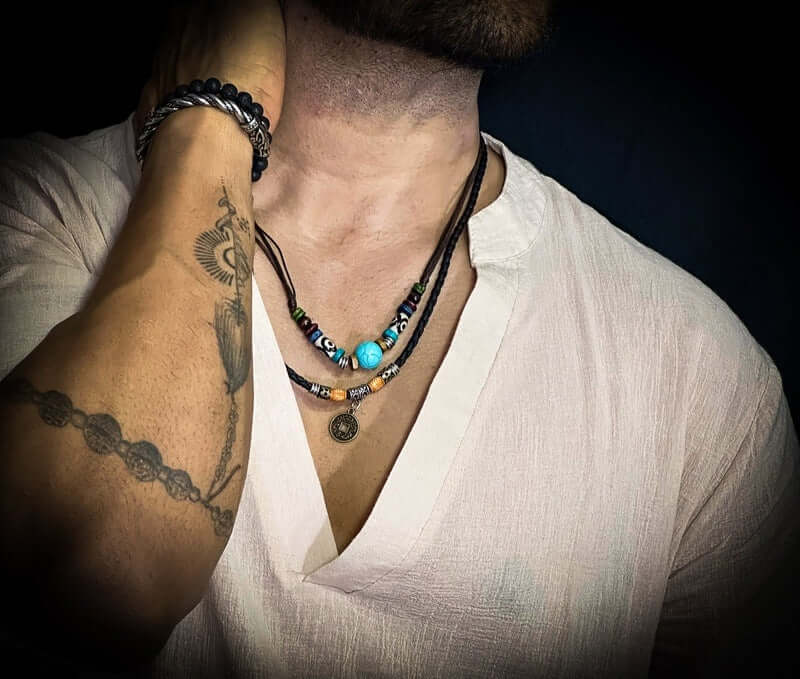 THE MEN THING Pearl / Bead Necklace VINTAGE RETRO COIN -  Two-Layered Necklace With Wax Rope And Faux Adjustable Necklace For Men And Boys.