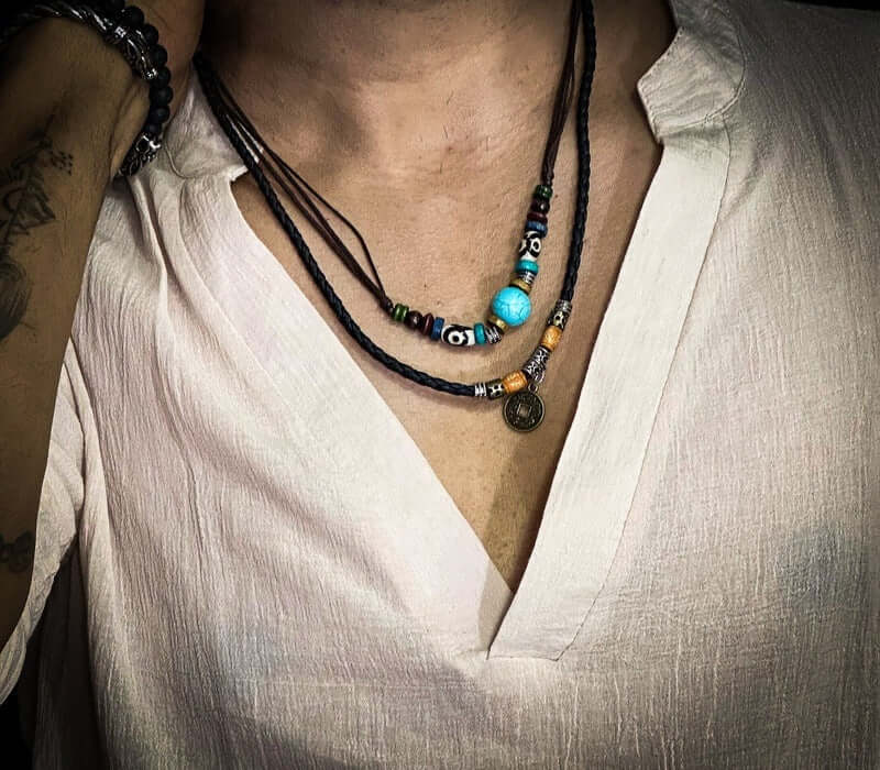 THE MEN THING Pearl / Bead Necklace VINTAGE RETRO COIN -  Two-Layered Necklace With Wax Rope And Faux Adjustable Necklace For Men And Boys.