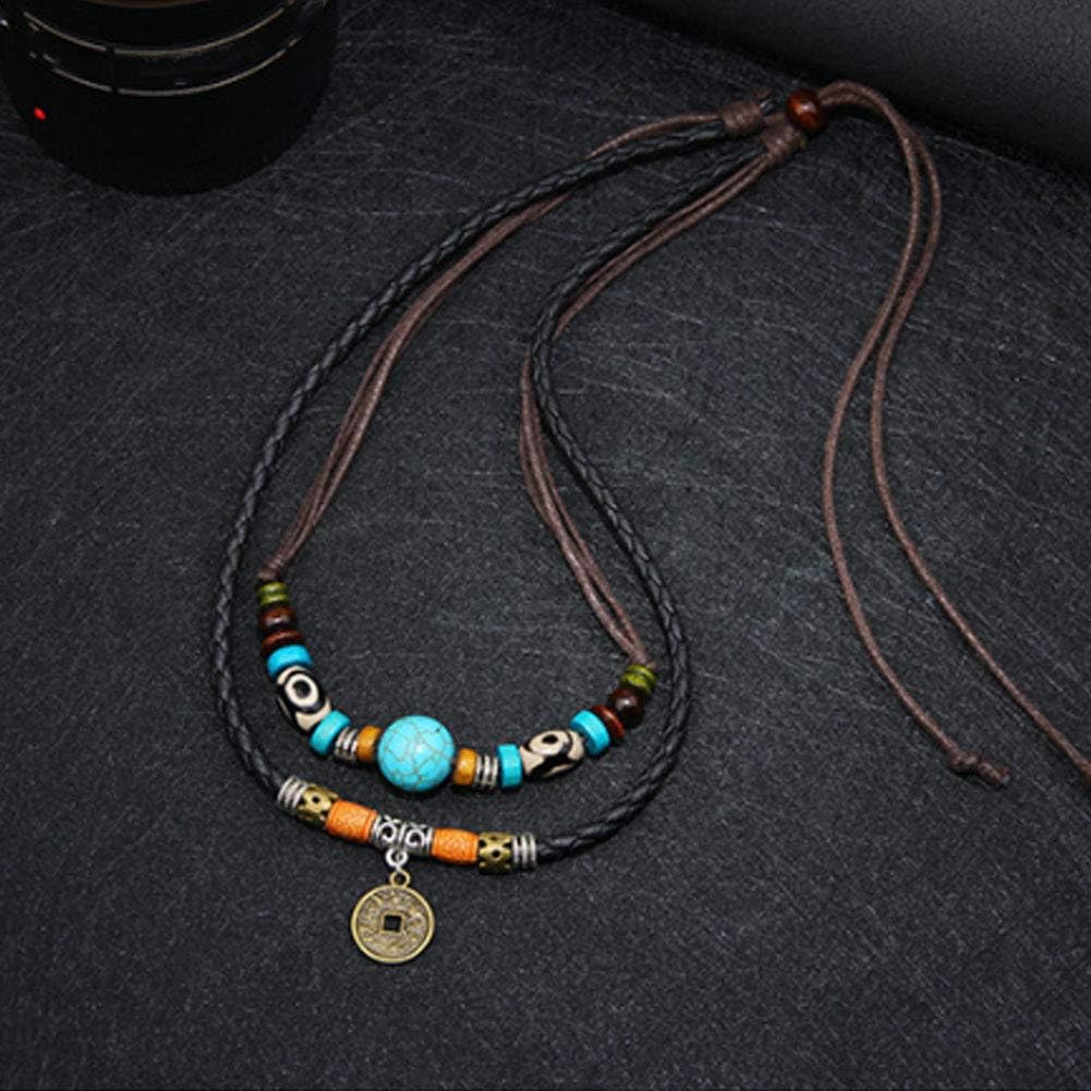 THE MEN THING Pearl / Bead Necklace VINTAGE RETRO COIN -  Two-Layered Necklace With Wax Rope And Faux Adjustable Necklace For Men And Boys.