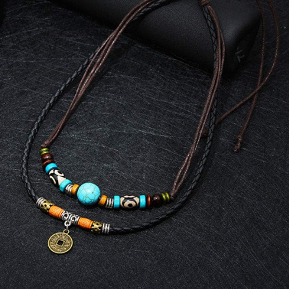 THE MEN THING Pearl / Bead Necklace VINTAGE RETRO COIN -  Two-Layered Necklace With Wax Rope And Faux Adjustable Necklace For Men And Boys.