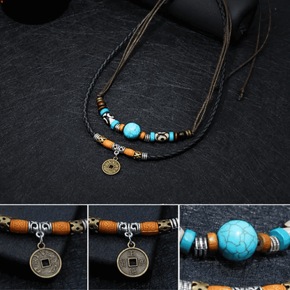 THE MEN THING Pearl / Bead Necklace VINTAGE RETRO COIN -  Two-Layered Necklace With Wax Rope And Faux Adjustable Necklace For Men And Boys.