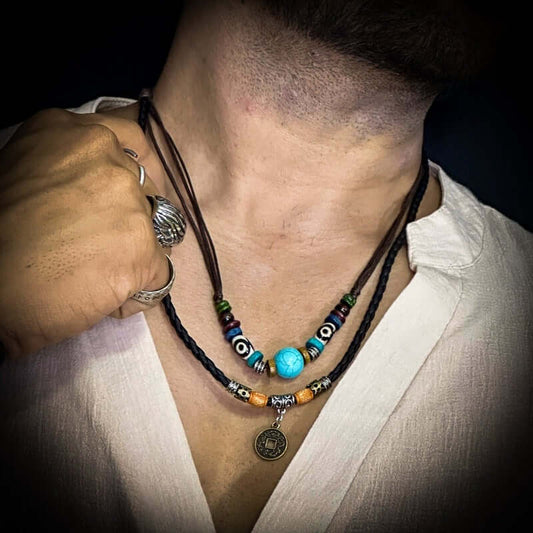 THE MEN THING Pearl / Bead Necklace VINTAGE RETRO COIN -  Two-Layered Necklace With Wax Rope And Faux Adjustable Necklace For Men And Boys.