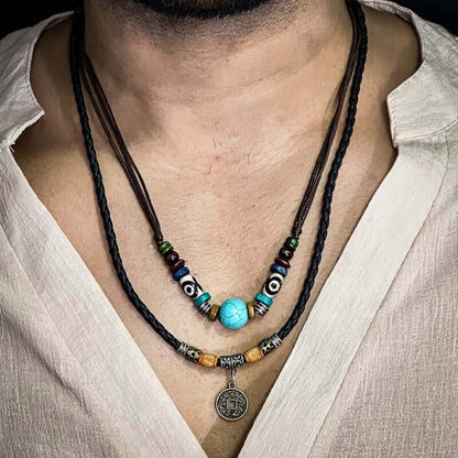 THE MEN THING Pearl / Bead Necklace VINTAGE RETRO COIN -  Two-Layered Necklace With Wax Rope And Faux Adjustable Necklace For Men And Boys.