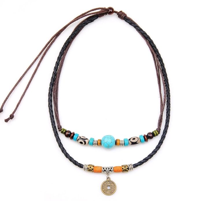 THE MEN THING Pearl / Bead Necklace VINTAGE RETRO COIN -  Two-Layered Necklace With Wax Rope And Faux Adjustable Necklace For Men And Boys.