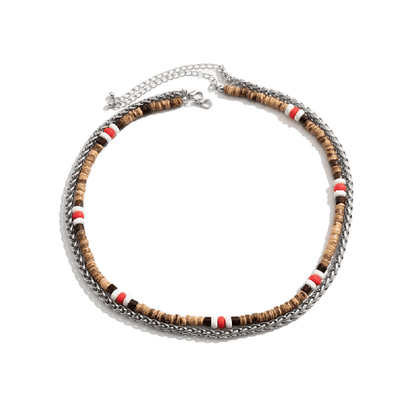 THE MEN THING Pearl / Bead Necklace WENGE WOOD MULTI-LAYERED -  Natural Wood Beaded Necklace with Twisted Steel Link Chain for Mens & Boys (22 and 24 inch with adjustable cable chain)