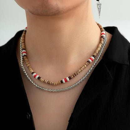 THE MEN THING Pearl / Bead Necklace WENGE WOOD MULTI-LAYERED -  Natural Wood Beaded Necklace with Twisted Steel Link Chain for Mens & Boys (22 and 24 inch with adjustable cable chain)