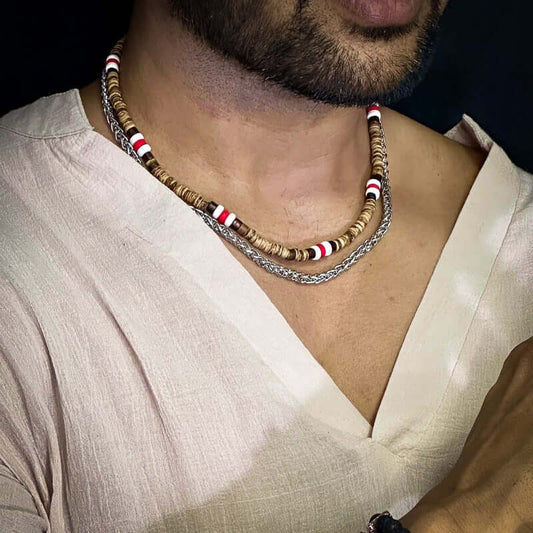 THE MEN THING Pearl / Bead Necklace WENGE WOOD MULTI-LAYERED -  Natural Wood Beaded Necklace with Twisted Steel Link Chain for Mens & Boys (22 and 24 inch with adjustable cable chain)