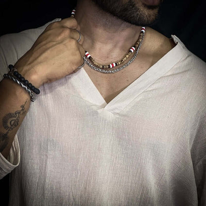 THE MEN THING Pearl / Bead Necklace WENGE WOOD MULTI-LAYERED -  Natural Wood Beaded Necklace with Twisted Steel Link Chain for Mens & Boys (22 and 24 inch with adjustable cable chain)