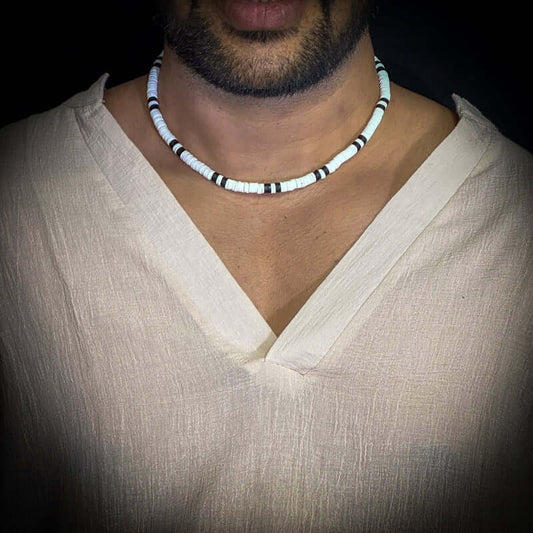 THE MEN THING Pearl / Bead Necklace WHITE EARTHY APPEAL - Beaded Necklace - Black & White Beaded Necklace for Men & Boys (20 inch with adjustable cable chain)