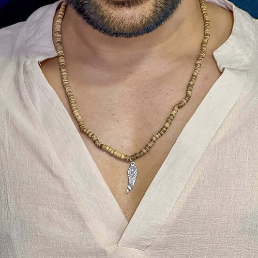 THE MEN THING Pearl / Bead Necklace WILDWOOD BOHO - Wooden Bead with Feather Pendant Men's Necklace for Men and Boys (24 Inch)