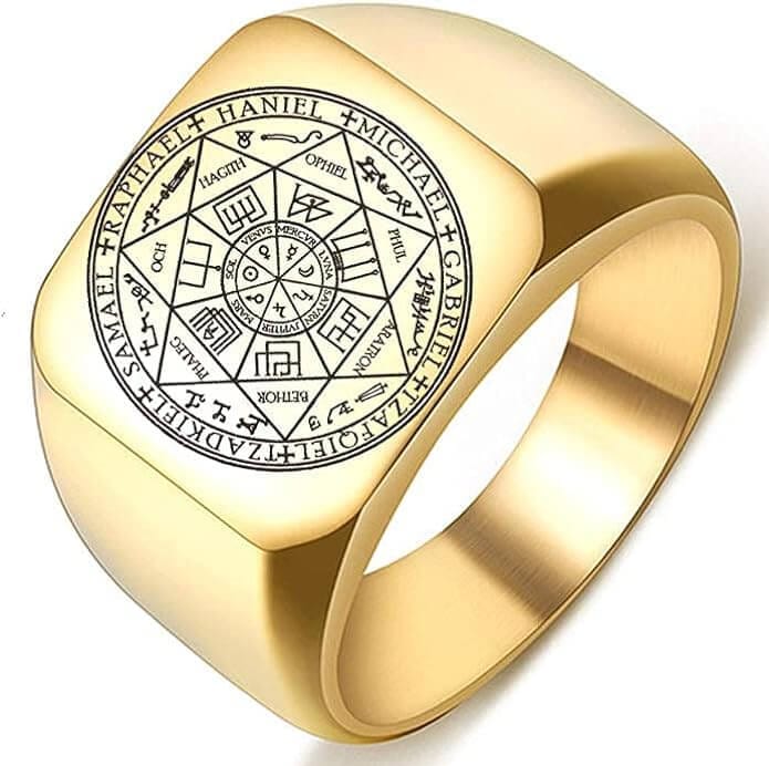 THE MEN THING Rings 17 / Gold Toned - Titanium Steel 7PROTECT -  Titanium Steel Ring | The Seals of The Seven Archangels Protection for Mens (Size : 17, 20, 26)
