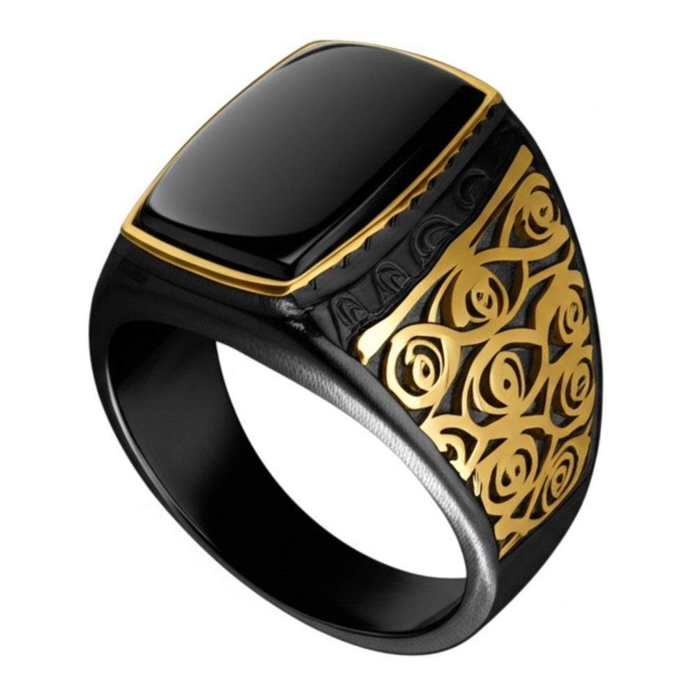 THE MEN THING Rings 19 Royal Series - MIDNIGHT ORACLE RING - Pure Stainless Steel Men’s Black-Gold-Plated Ring – Statement Luxury Jewelry (Size : 19-21-24)