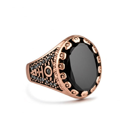 THE MEN THING Rings 19 Royal Series - RAVIK RING - Pure Stainless Steel Men’s Rose Gold-Plated Black Stone Ring – Statement Luxury Jewelry (Size : 19-22-24)