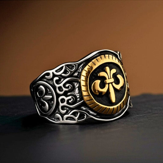 THE MEN THING Rings 19 Royal Series - SOVEREIGN FLEUR RING - Pure Stainless Steel Men’s Steel-Gold-Plated Ring – Statement Luxury Jewelry (Size : -19-21-24)