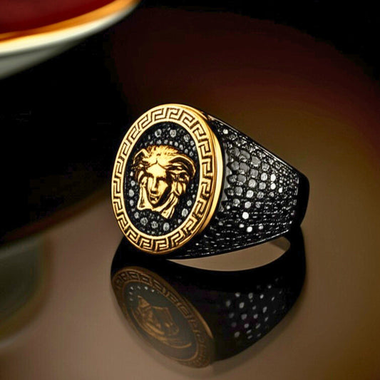 THE MEN THING Rings 19 Royal Series - TITAN’S GAZE RING - Pure Stainless Steel Men’s Black-Gold-Plated Ring – Statement Luxury Jewelry (Size : 19-22-24)