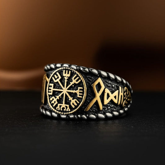 THE MEN THING Rings 19 Royal Series - VEGVISIR VALOR RING - Pure Stainless Steel Men’s Steel-Gold-Plated Ring – Statement Luxury Jewelry (Size : 19-22-25-27)