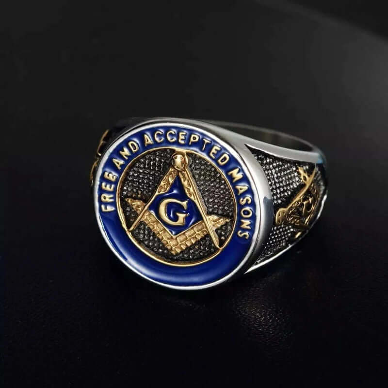 THE MEN THING Rings 26 MASONIC SIGNET - Pure Titanium Rings For Men, Luxury Style, Blue Gold Tone (Size : 17-21- 24)