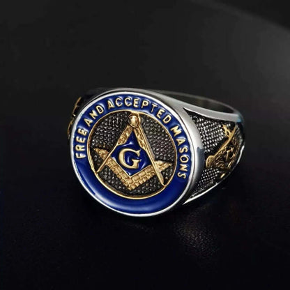 THE MEN THING Rings 26 MASONIC SIGNET - Pure Titanium Rings For Men, Luxury Style, Blue Gold Tone (Size : 17-21- 24)