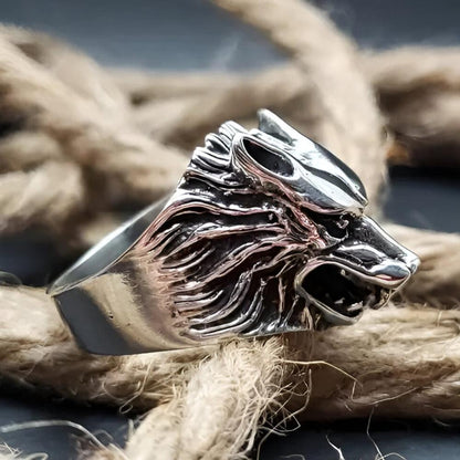THE MEN THING Rings ALPHA WOLF KING RING - Pure Stainless Steel Men’s Steel-Plated Ring – Statement Luxury Jewelry (Size : 18-21-24)