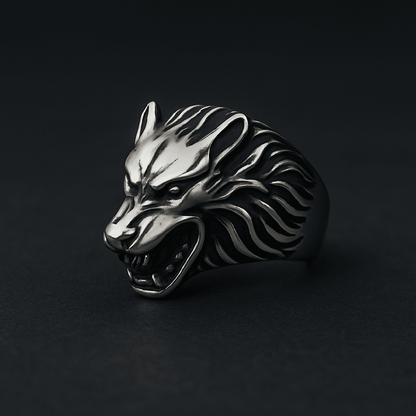 THE MEN THING Rings ALPHA WOLF KING RING - Pure Stainless Steel Men’s Steel-Plated Ring – Statement Luxury Jewelry (Size : 18-21-24)