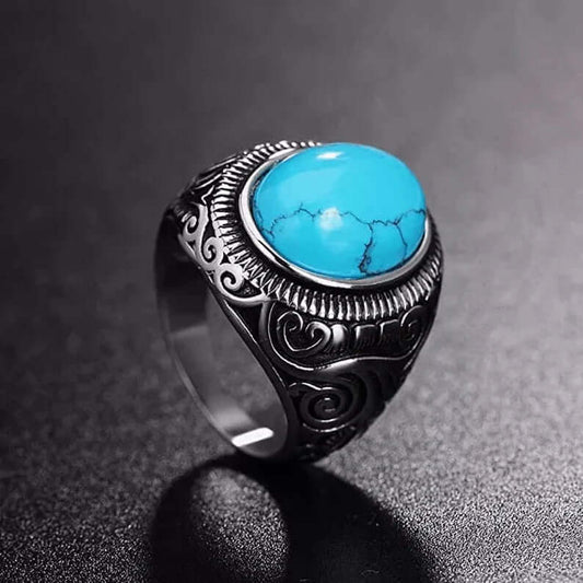 THE MEN THING Rings AZURE DREAMS Titanium Steel Ring - Retro Vintage Blue Stone (Size : 17-21- 24)