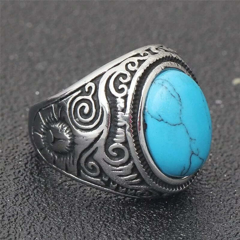 THE MEN THING Rings AZURE DREAMS Titanium Steel Ring - Retro Vintage Blue Stone (Size : 17-21- 24)