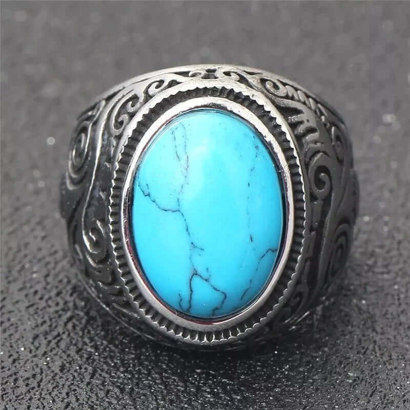 THE MEN THING Rings AZURE DREAMS Titanium Steel Ring - Retro Vintage Blue Stone (Size : 17-21- 24)