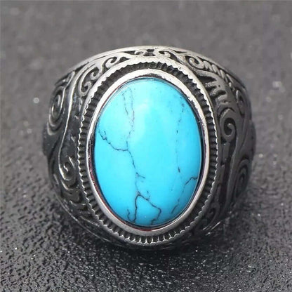 THE MEN THING Rings AZURE DREAMS Titanium Steel Ring - Retro Vintage Blue Stone (Size : 17-21- 24)