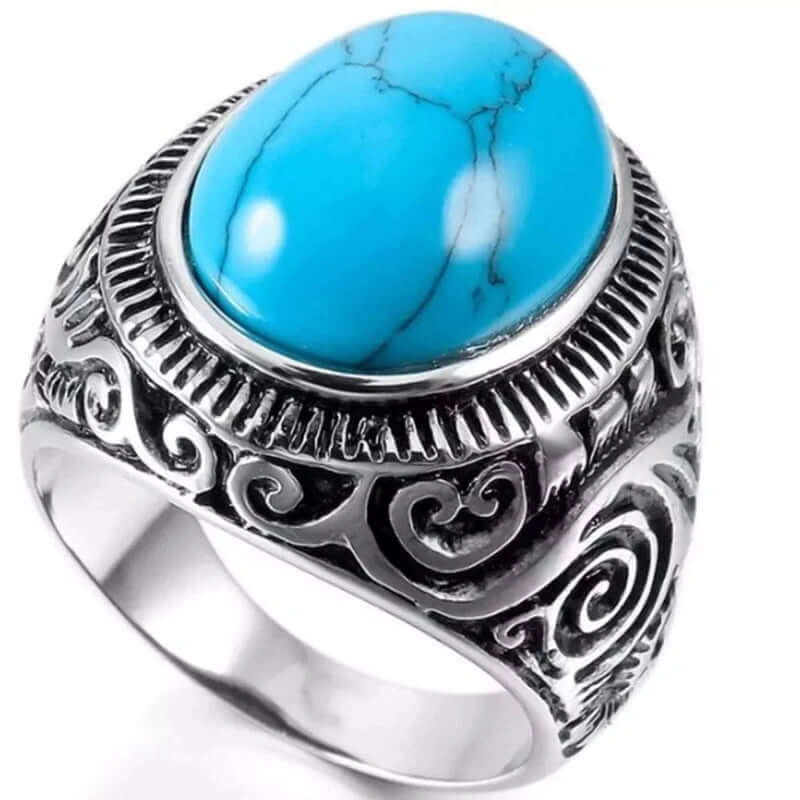 THE MEN THING Rings AZURE DREAMS Titanium Steel Ring - Retro Vintage Blue Stone (Size : 17-21- 24)