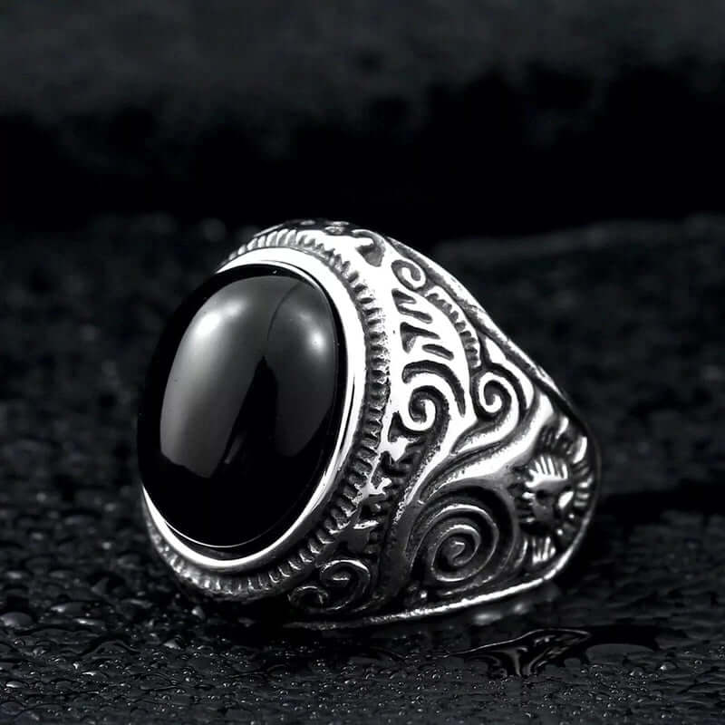 THE MEN THING Rings BLACK ENIGMA - Titanium Steel Vintage Ring with Black Stone ( Size -17-21- 24)