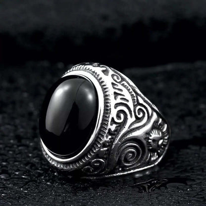 THE MEN THING Rings BLACK ENIGMA - Titanium Steel Vintage Ring with Black Stone ( Size -17-21- 24)