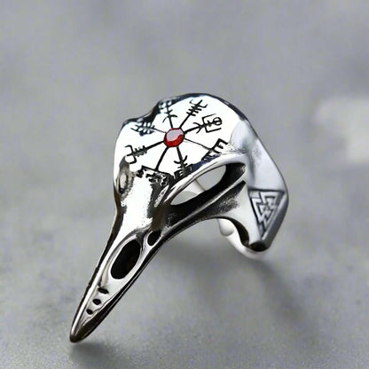 THE MEN THING Rings CROW SKULL VIKING - Titanium Steel Ring with Red Stone - Size 17-21- 24)