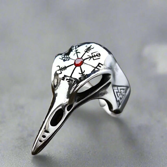 THE MEN THING Rings CROW SKULL VIKING - Titanium Steel Ring with Red Stone - Size 17-21- 24)