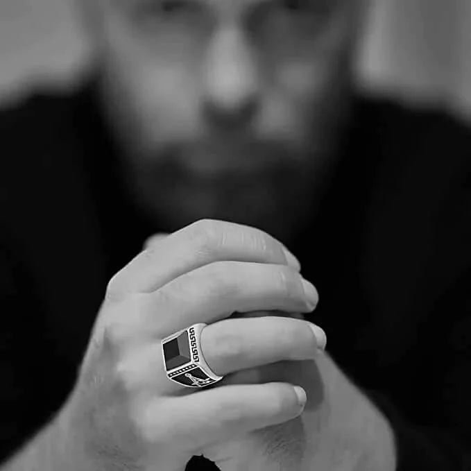 THE MEN THING Rings CUBIC ZIRCONIA - Ring for Men (Steel Colour) , Luxury Thick Solid Titanium Steel Ring Steel with Oval/Square Gemstone  (Size: 17,20,26)