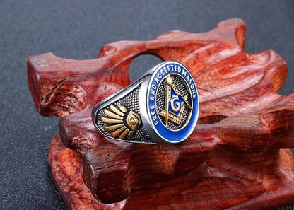 THE MEN THING Rings MASONIC SIGNET - Pure Titanium Rings For Men, Luxury Style, Blue Gold Tone (Size : 17-21- 24)