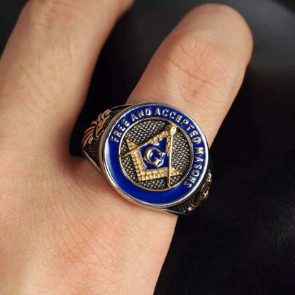 THE MEN THING Rings MASONIC SIGNET - Pure Titanium Rings For Men, Luxury Style, Blue Gold Tone (Size : 17-21- 24)