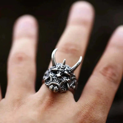 THE MEN THING Rings PRAJNA DEMON MASK - Black Oxy Pure Titanium Steel Rings For Men (Size :  17-21- 24-26)