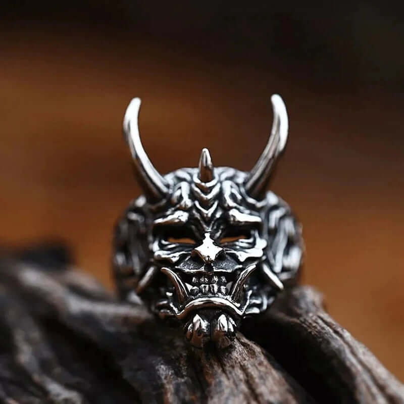 THE MEN THING Rings PRAJNA DEMON MASK - Black Oxy Pure Titanium Steel Rings For Men (Size :  17-21- 24-26)